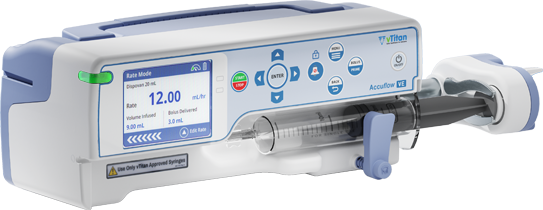 vTitan product Accuflow ​VE Syringe Pump with syringe loaded and display showing the monitoring parameters